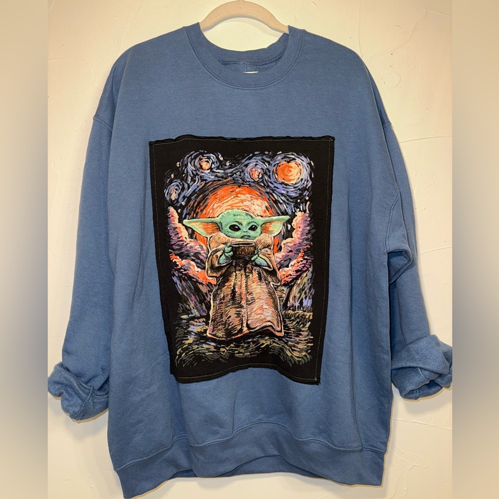 NWT OOAK UPCYCLED SWEATSHIRT STAR WARS MANDALORIAN THE CHILD STARRY NIGHT SZ XL